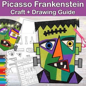 Op de afbeelding: Een Picasso Frankenstein knutsel- en tekengids met een kleurrijk, geometrisch portret van het monster van Frankenstein met groene, oranje, paarse en zwarte secties, samen met zwart-witte instructiebladen en kleurpotloden.