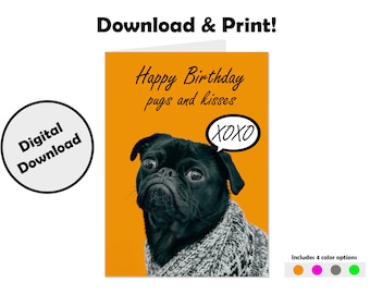 Printable Birthday Card , Cute birthday card, Dog birthday card, Pug birthday Card (4 different colors to choose from)