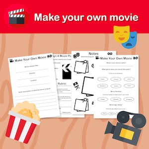 May include: A printable worksheet for kids to create their own movie. The worksheet includes sections for movie title, release date, director, location, genre, duration, and age rating. The worksheet also includes a section for brainstorming ideas and a rubric for evaluating the movie.