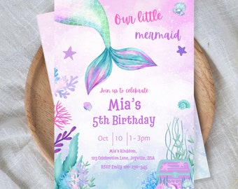Meerjungfrau-Geburtstags-Einladung, Mermaid Bash unter dem Meer-Geburtstag einladen, Meerjungfrau lädt ein, bearbeitbares Canva, bearbeitbare Meerjungfrau-Einladung