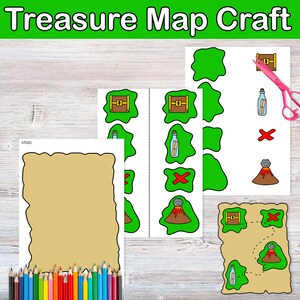 Puede incluir: Una actividad de manualidades de mapa del tesoro imprimible para ni&ntilde;os. El conjunto incluye un mapa en blanco, un cofre del tesoro, un volc&aacute;n, una botella con un mensaje y una X marca el lugar.  La manualidad es perfecta para una fiesta o actividad con tem&aacute;tica de piratas.