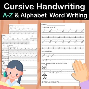 Cursive Handwriting Practice Worksheets for Kids, Back To School Activity, Printable Cursive Alphabet Letter Tracing, A-Z, Homeschool