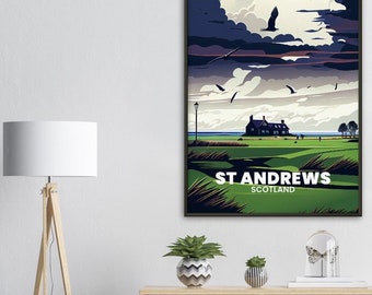 Muurposter met metalen lijst van 45 x 60 cm | Golfposters | golfcadeau | St Andrews-golfclub | Muurposter | sport poster