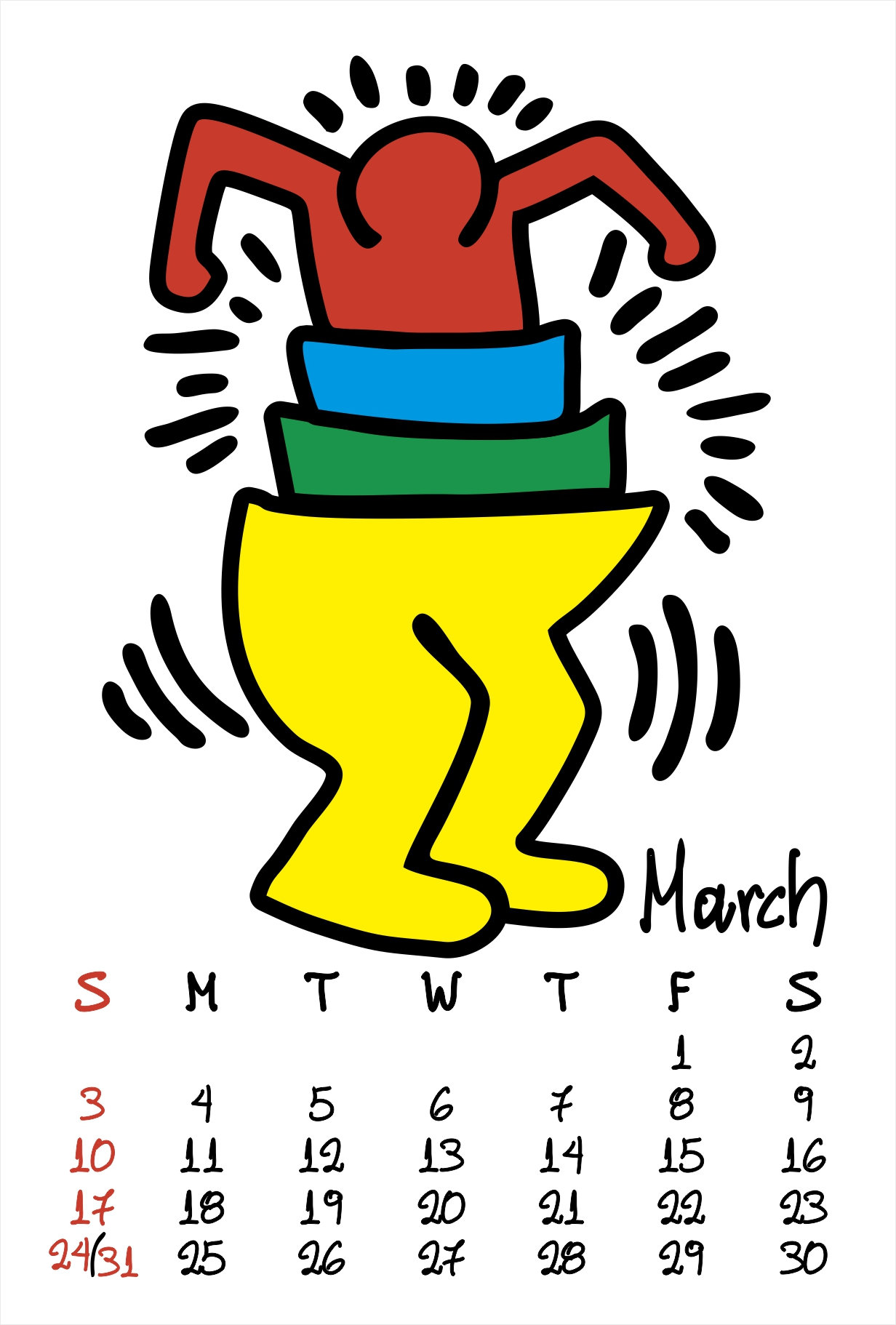 Wall Calendar 2024 Vertical Keith Haring Printable 12 Month Wall