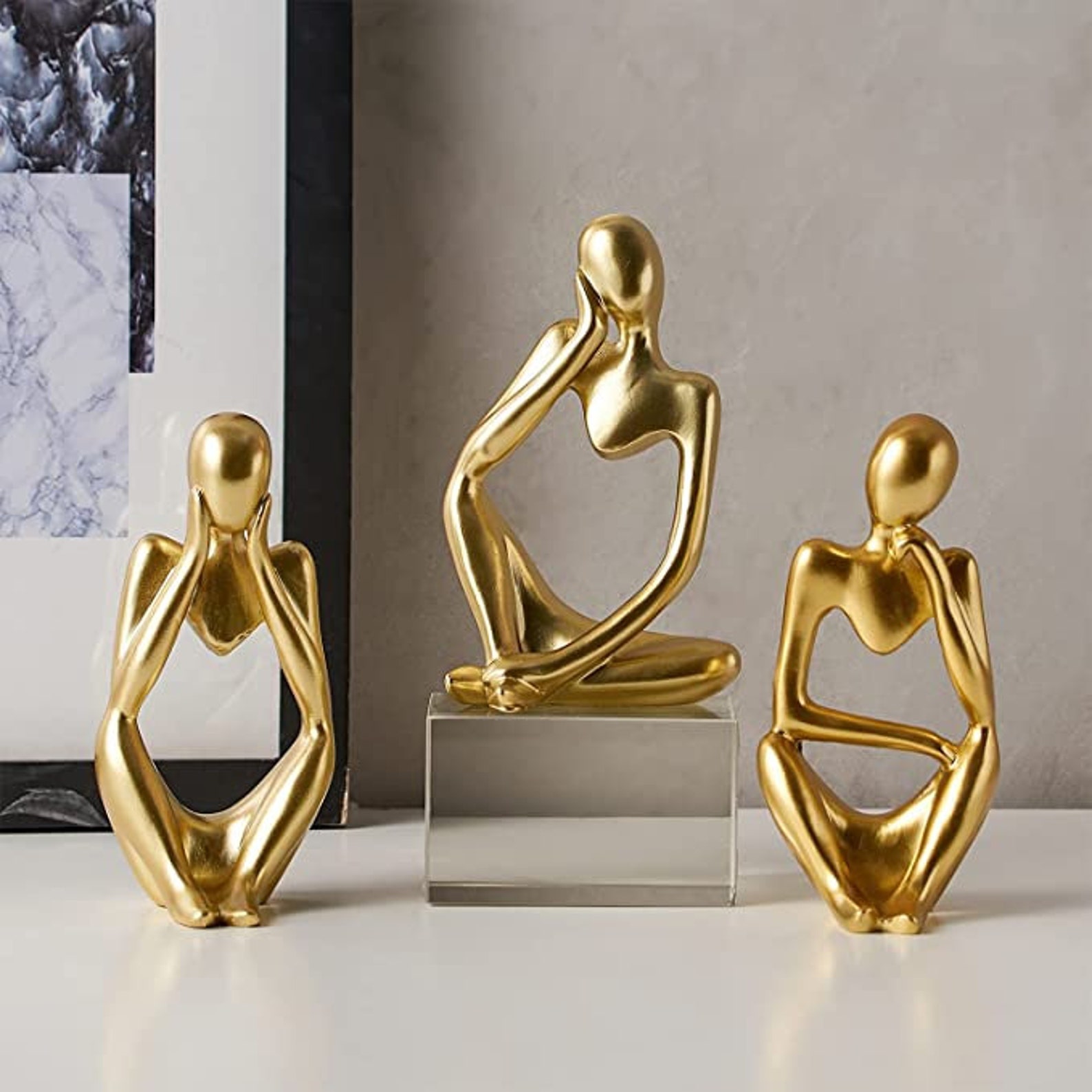 Gold Decor Thinker Statue Abstract Art Sculpture Set of 3 Etsy