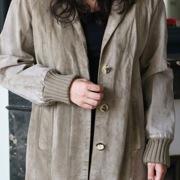 Veste Vintage En Cuir Gris-marron Taille 36 Femme - Occasion Très Bon état, Style Trench
