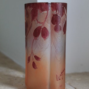 Könnte beinhalten: Eine hohe, klare Glasvase mit mattiertem Finish und einem rosa-roten Blumendesign. Die Vase trägt eine Signatur auf der Unterseite, die "Le Verre" lautet.
