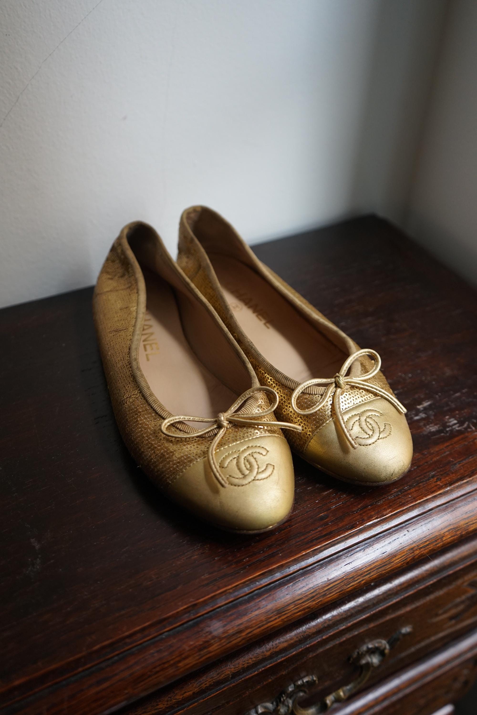 Chanel Gold Glitter Ballerina Flats, Size 36.5 - Etsy