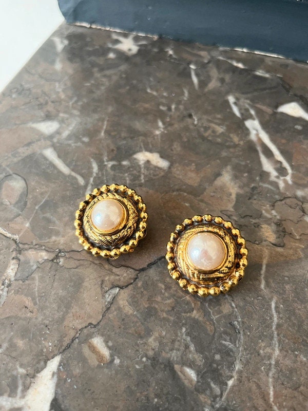 Chanel Orange Gripoix Glass, Imitation Pearl and Gold Metal CC Earrings, 1994, Fashion | Clip-On Earrings, Vintage Jewelry (Very Good)