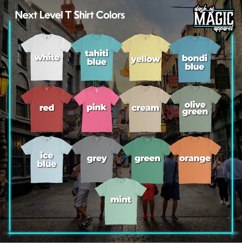 K&ouml;nnte beinhalten: Eine Sammlung von T-Shirts in verschiedenen Farben, darunter Wei&szlig;, Gelb, Blau, Rot, Rosa, Creme, Olivgr&uuml;n, Eisblau, Grau, Gr&uuml;n, Orange und Mint. Die Shirts sind in einem Raster angeordnet und mit ihren jeweiligen Farben beschriftet. Der Text "Next Level T Shirt Colors" befindet sich oben im Bild, und der Text "dash of MAGIC apparel" befindet sich oben rechts im Bild.