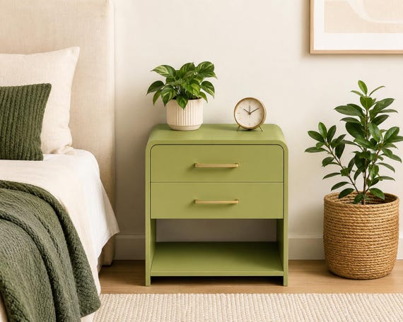 Curved Edge Nightstand | Custom Color Bedside Table, 2 Drawers, Open Shelf