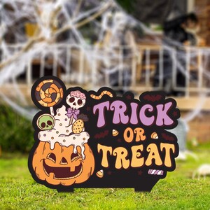 Trick Or Treat Metal Lawn Sign, Halloween Yard Sign, Halloween Decor, Halloween Sign with Stakes, Staked Address, Address Sign for Lawn
