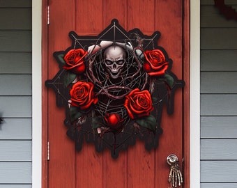 Metal Skull and Roses Sign, Halloween Front Door Sign, Metal Halloween Skull Sign, Halloween Decor Sign, Metal Greeting Sign