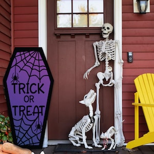 Trick or Treat Metal Coffin Front Door Sign, Halloween Coffin Sign, Halloween Sign, Metal Front Door Sign
