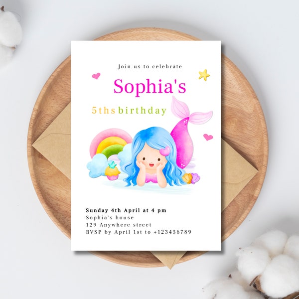 Editable Mermaid Birthday Invitation Card Template, Printable and Digital Card, Kids Invitation, Girl Birthday, Under the Sea, Gift for Girl