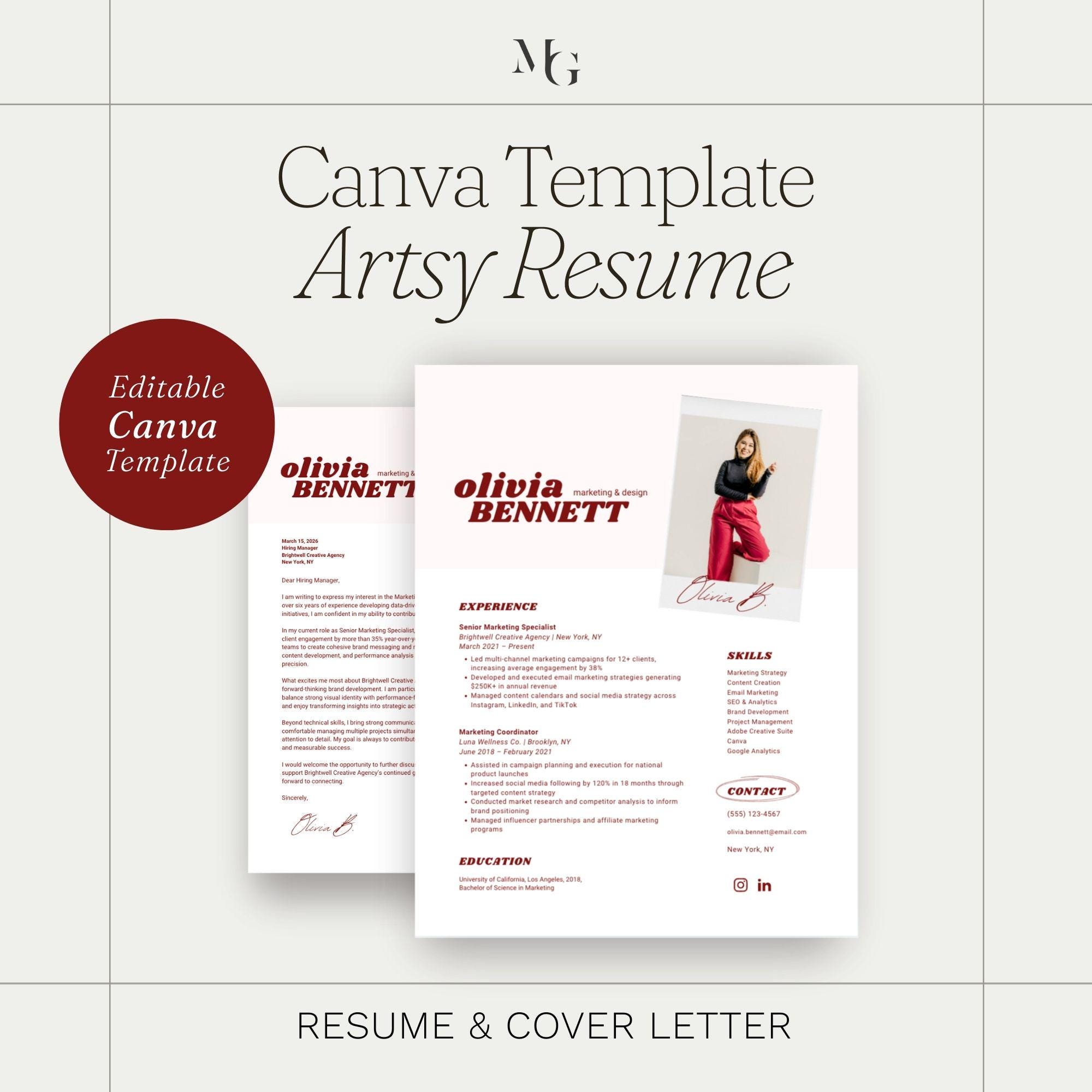 Artsy Resume Template Canva | ATS Friendly CV + Cover Letter (digital ...