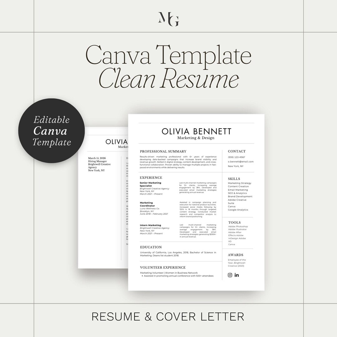 Clean Resume Template Canva | Editable ATS Friendly CV + Cover Letter ...