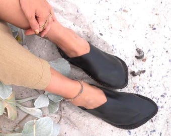 Black Leather Barefoot Shoes | Handmade Grounding Footwear | Sustainable and Comfortable | Earth Sole