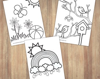 Könnte beinhalten: Drei Schwarzweiß-Malvorlagen mit Sonne, Regenbogen, Wolken, Regentropfen, Schmetterling, Blumen, Strandball, Vogel, Spinne, Baum und Vogelhaus. Die Malvorlagen sind auf weißem Papier mit schwarzem Rand.