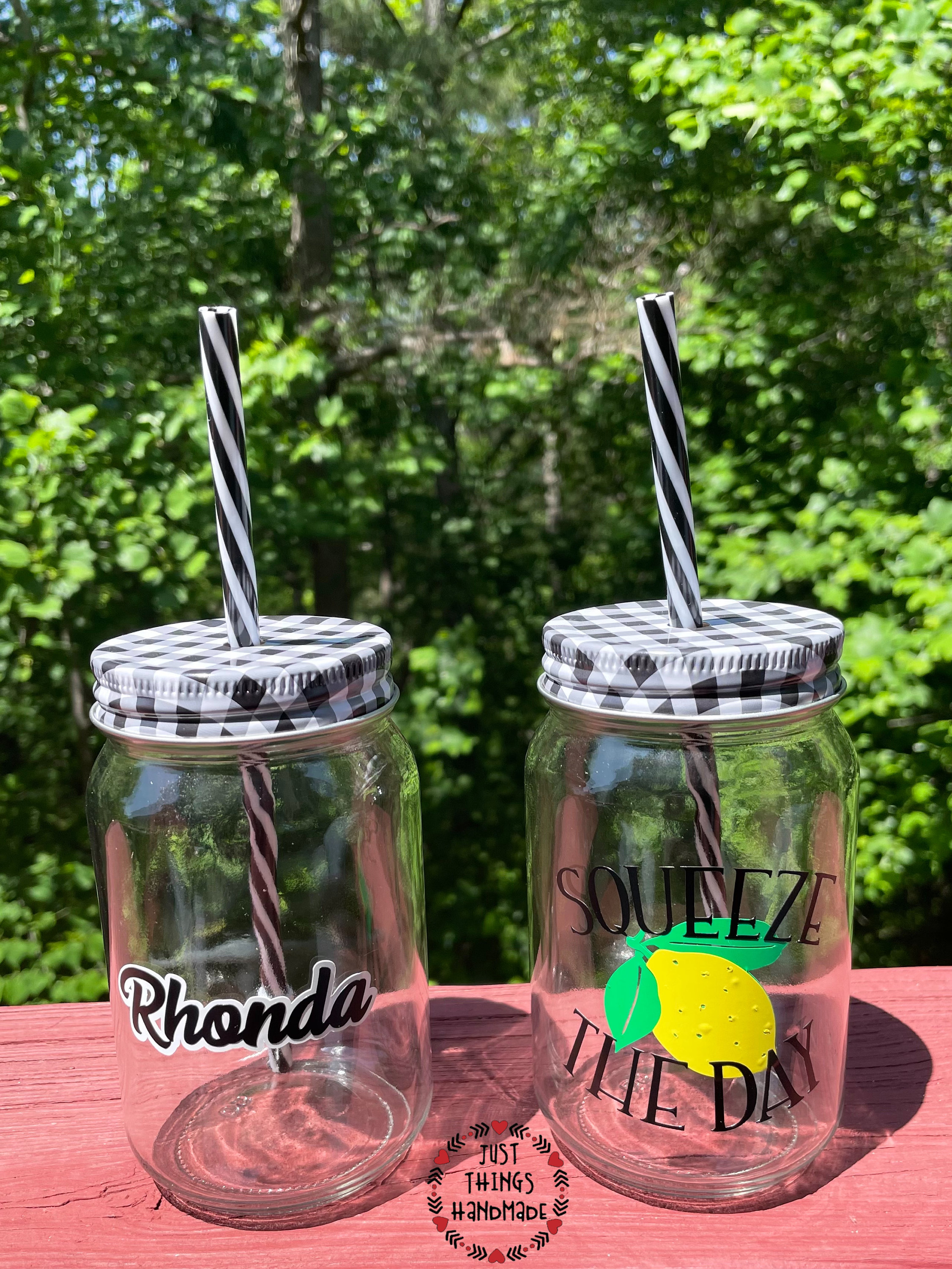 Deco Glass Drinking Mason Jar Cups with Handle & Wooden Carrier with  Reusable Straws, Lids & Handles Set of 6, 16oz