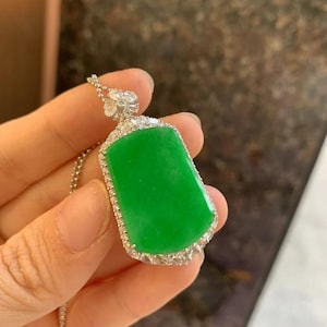 Certified Burmese Type A Sun Green Icy Jadeite Nothing Card Pendant - Inlaid in 18K Gold and Diamonds