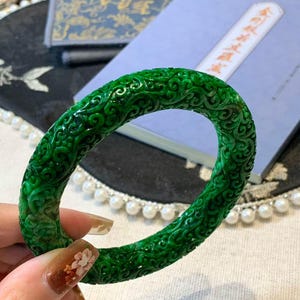 56.5mm Certified Grade A Carved Green Burmese Jadeite Bangle Bracelet