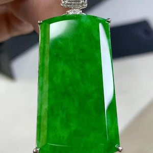 Certified Burmese Type A Sun Green Icy Jadeite Nothing Card Pendant - Inlaid in 18K Gold and Diamonds