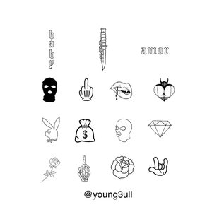 May include: Collection of black and white line art illustrations. Includes a knife, lips, a heart, a money bag, a diamond, a rose, a hand giving the middle finger, and the word "AMOR". The artist's name is @young3ull.