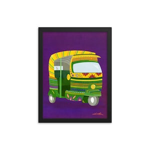 May include: A green and yellow auto rickshaw with intricate floral and geometric patterns. The rickshaw is on a purple background.