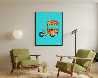 May include: A colorful illustration of a food cart on a bicycle with a blue background. The cart has a red and yellow awning and says "Rock N' Roll" on the side.