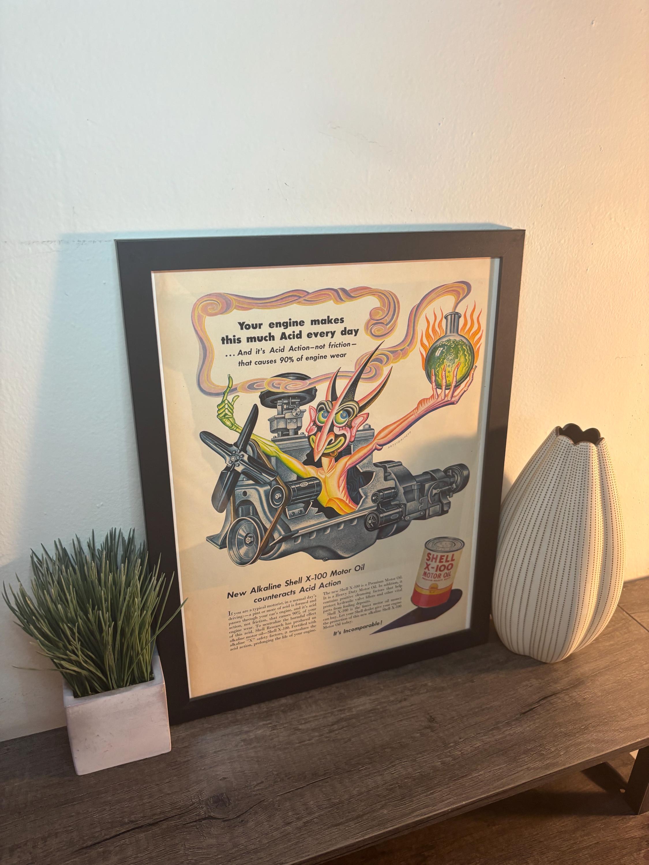 Framed Vintage 1952 Shell Oil Advertisement *engine Acid* Unique