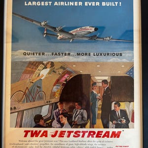 Framed Vintage 1957 TWA Advertisement for the ‘’Jetstream’’ Luxury Airliner.