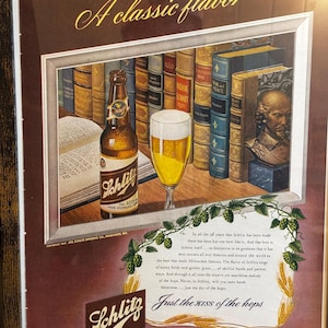 Framed Vintage 1947 Schlitz Beer Advertisement *Cold Beer in the Library*