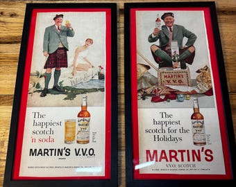 Set of 2 Vintage Framed 1950s Martin’s Scotch Whiskey Advertisements *Antique Bar Decoration*