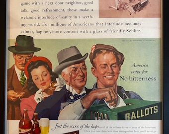 Framed 1943 Schlitz Beer Print Advertisement *At the Ballot Box* Original Vintage Beer Ad Bar Decoration