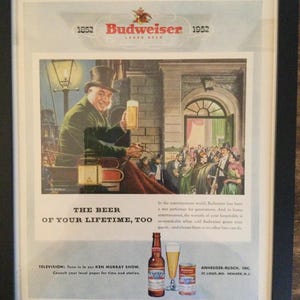 Framed Vintage 1952 Budweiser Beer Advertisement - 1852 - 1952 Artwork Series * Stagecoach at a Theatre*