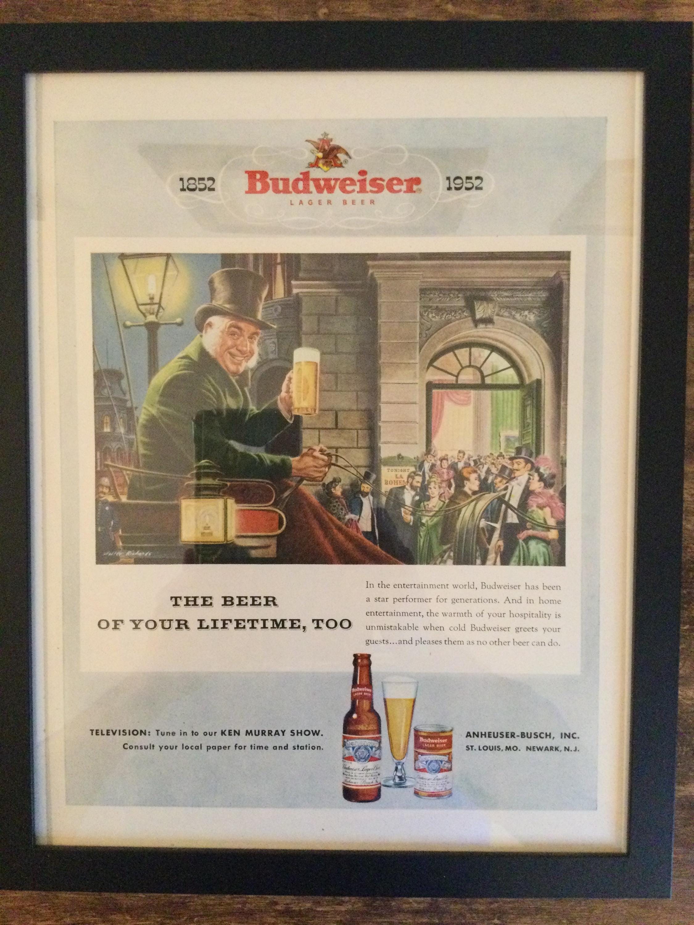 Framed 1952 Budweiser Beer Advertisement *vintage Mid Century Beer