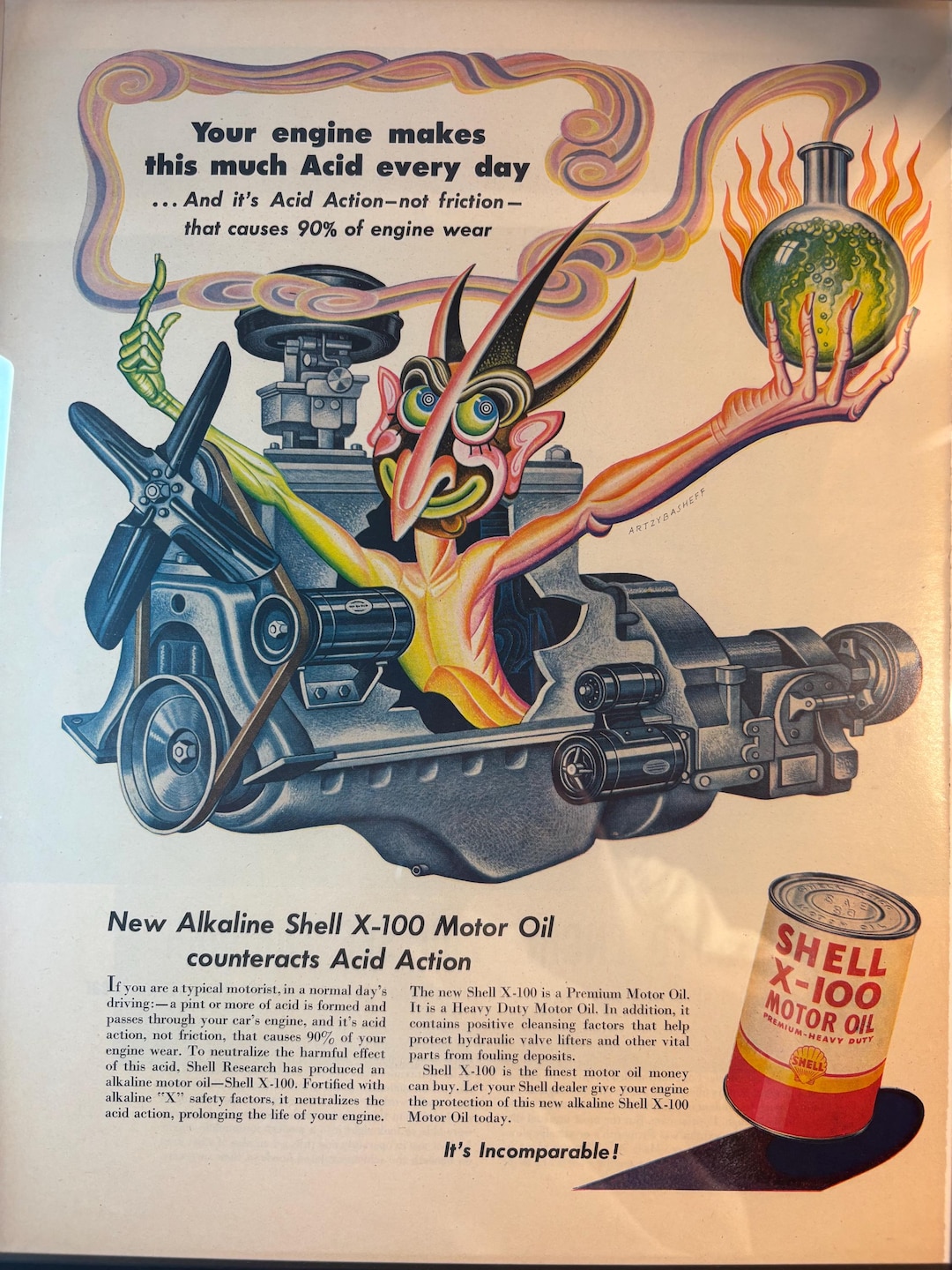 Framed Vintage 1952 Shell Oil Advertisement *engine Acid* Unique