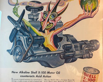 Framed Vintage 1952 Shell Oil Advertisement *Engine Acid* Unique mid century automotive decor