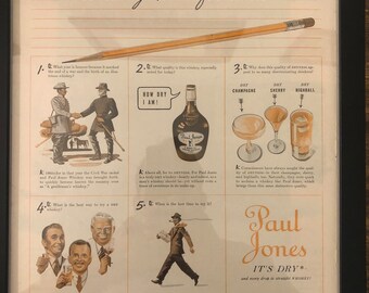 Framed Vintage 1940 Paul Jones Whiskey Advertisement - ‘’Whiskey Exam for Men’’