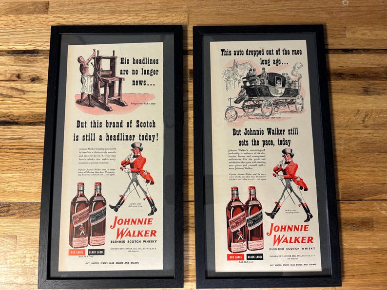 Set of 2 Vintage Framed 1943 Johnnie Walker Scotch Whiskey Advertisements *Antique Mid Century Bar Decoration* bild 1