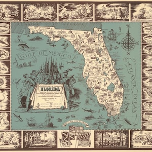 May include: A pictorial map of Florida featuring a central map of the state, surrounded by illustrations of local wildlife, historical scenes, and a compass rose. The text reads A pictorial chart of romantic FLORIDA depicting its exotic wild life, its tropical splendors of land-sea, its historic past, its vital-exciting present.