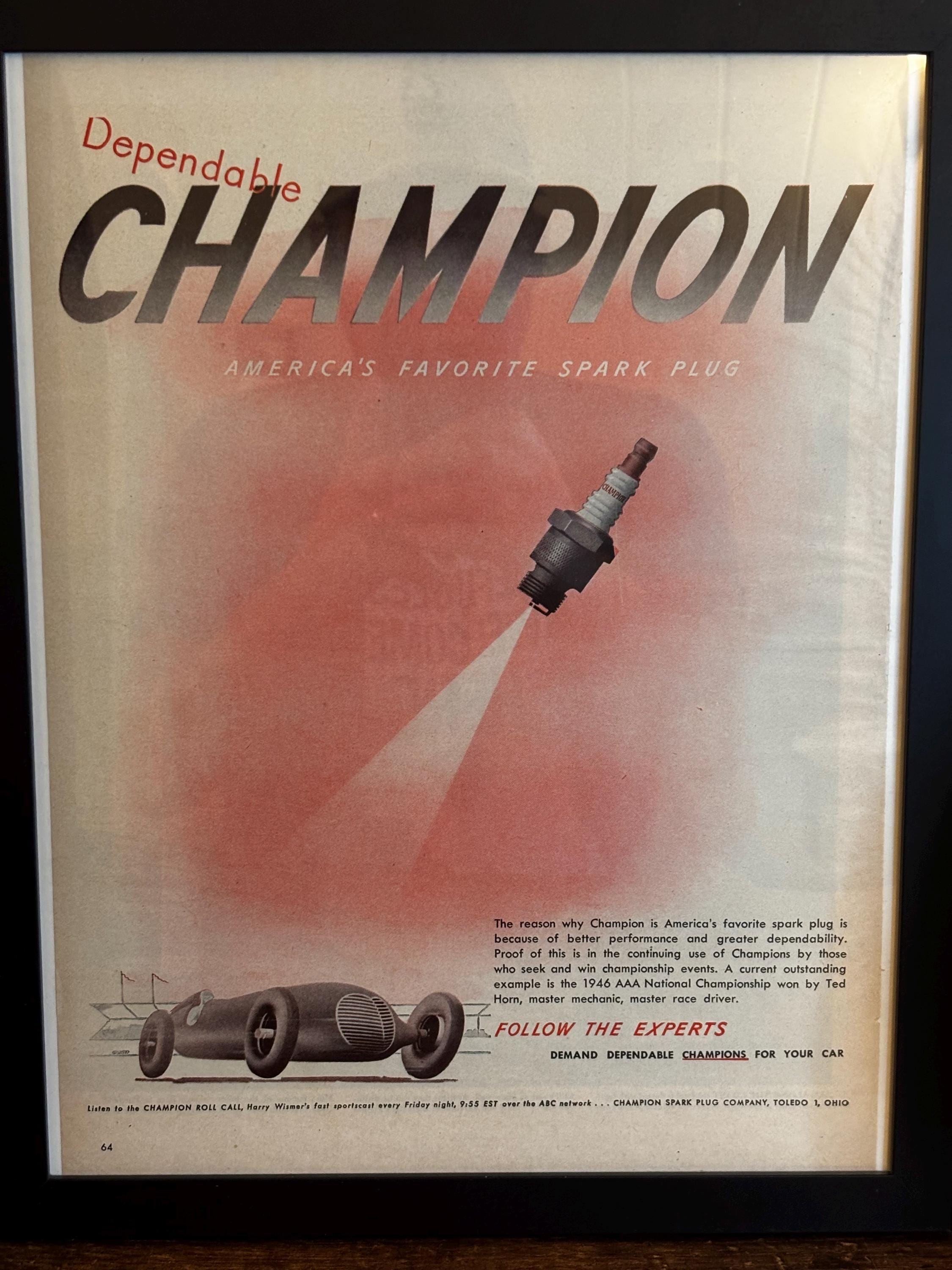 Framed Vintage 1946 Champion Spark Plugs Advertisement *vintage