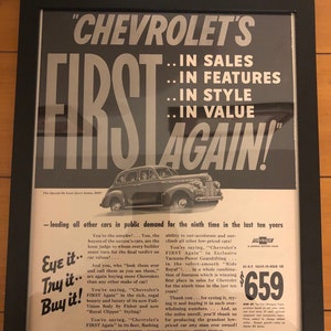 Framed Vintage 1939 Chevrolet Advertisement