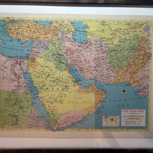 Framed 1940s Atlas Map of The Near East: Vintage Near East Asia Map Wall Art