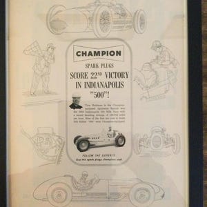 Framed Vintage 1952 Champion Spark Plugs Advertisement  *22nd Indianapolis 500 Victory*
