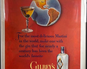 Framed 1947 Gilbey’s Gin Advertisement- Original Vintage Bar Decoration *Gin Martini Artwork*