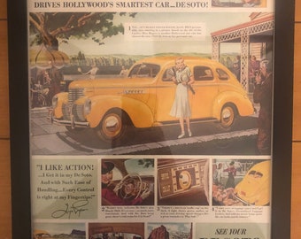 May include: A vintage advertisement featuring actress Ginger Rogers driving a yellow DeSoto car. The ad features a tagline "I like action! ... I get it in my DeSoto." and highlights the car's handling and control features. The ad also includes a call to action to "See your DeSoto dealer for a great car... fine service & a square deal."