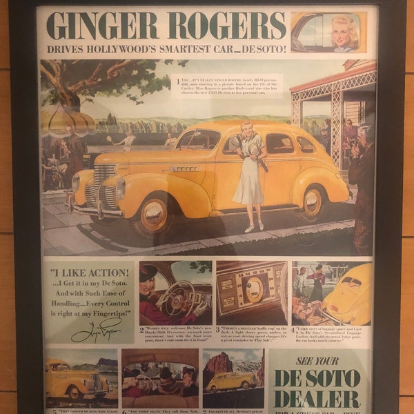 Framed 1939 DeSoto Automobile Ad ft/ Ginger Rogers