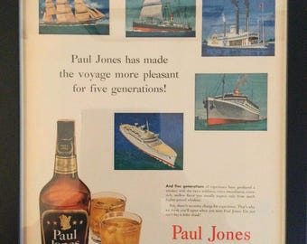 Framed Vintage 1952 Paul Jones Whiskey Advertisement - Martitime/Ship Themed Artwork